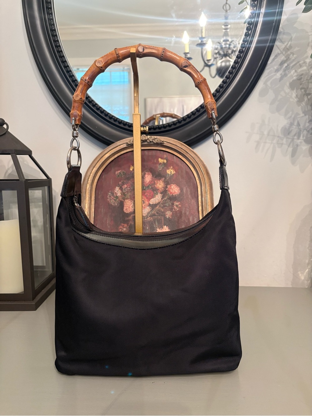 Authentic Vintage Gucci Bamboo Black Nylon Hobo Bag